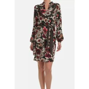 Trina Turk Dark Green Multi Pattern Jasxon Silk Sheath Dress Size 4 Waist Tie